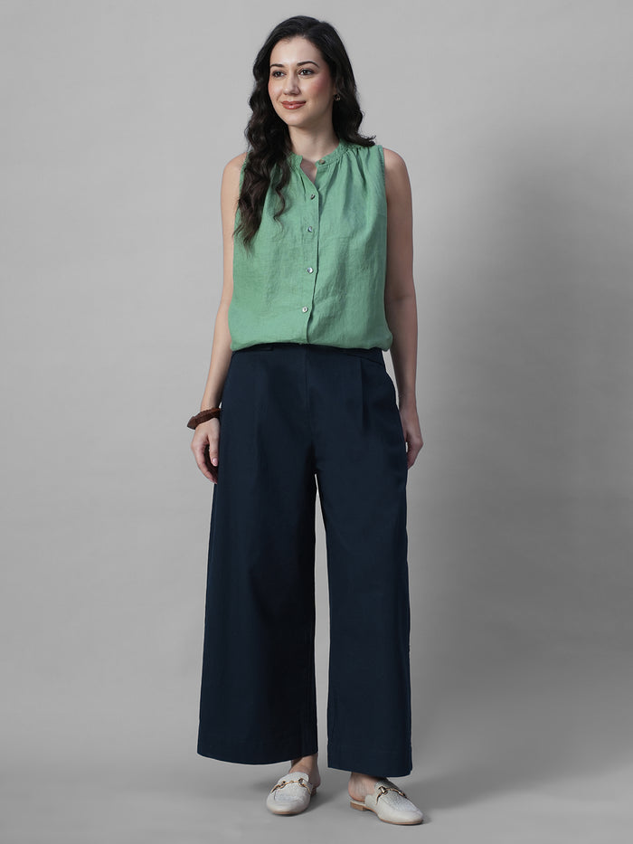 Women's Navy Cotton Linen Regular Fit Pant