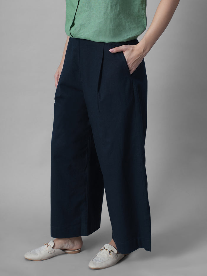 Women's Navy Cotton Linen Regular Fit Pant