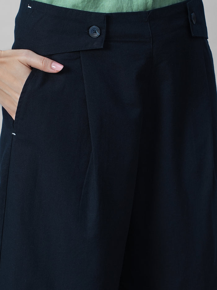 Women's Navy Cotton Linen Regular Fit Pant
