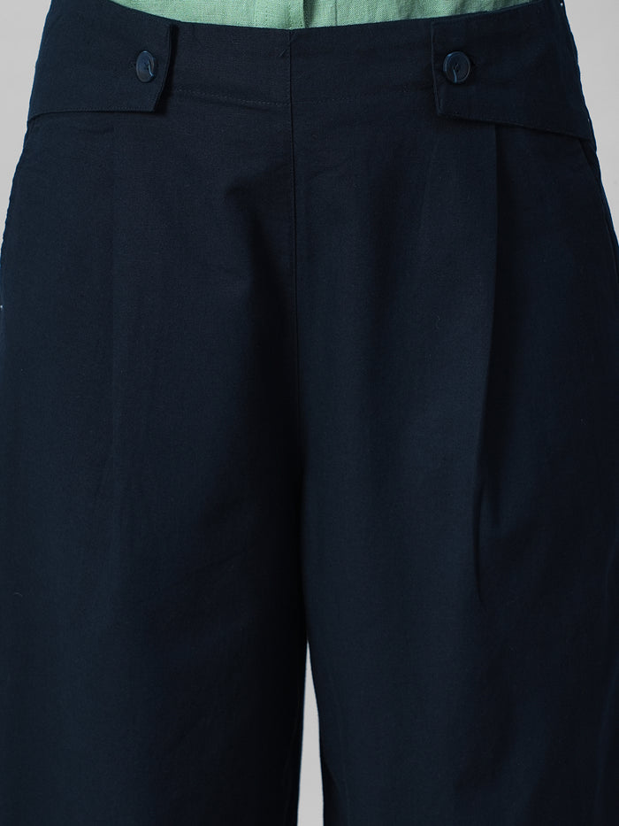 Women's Navy Cotton Linen Regular Fit Pant