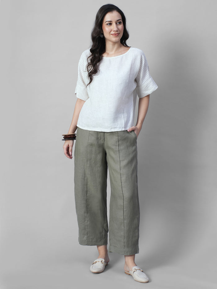 Women's Olive 100% Linen Regular Fit Pant