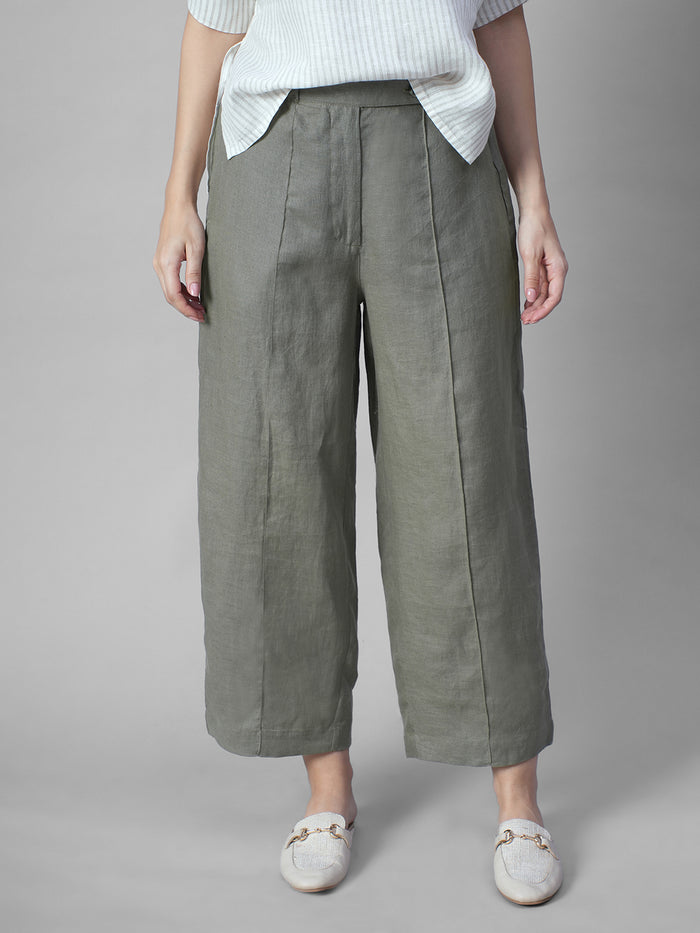 Women's Olive 100% Linen Regular Fit Pant