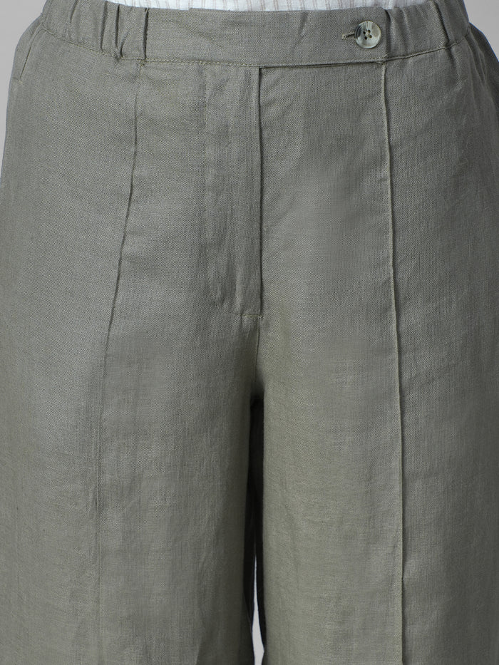 Women's Olive 100% Linen Regular Fit Pant