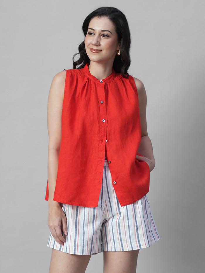 Women's Red 100% Linen Regular Fit Blouse