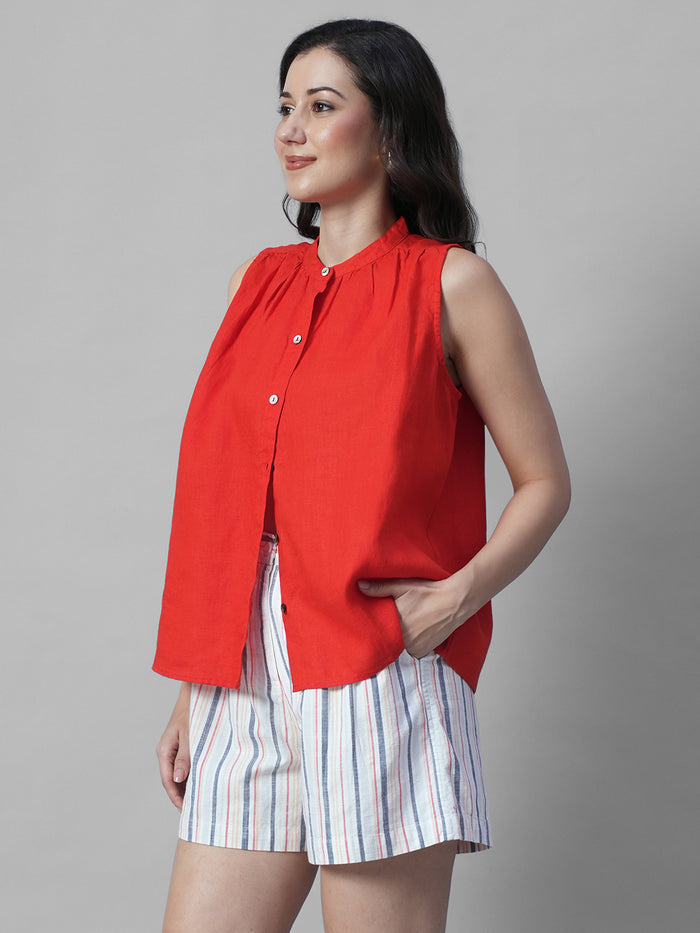 Women's Red 100% Linen Regular Fit Blouse
