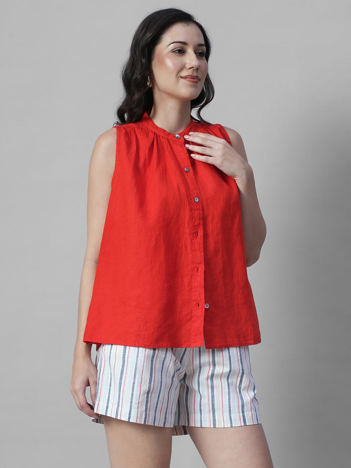 Women's Red 100% Linen Regular Fit Blouse