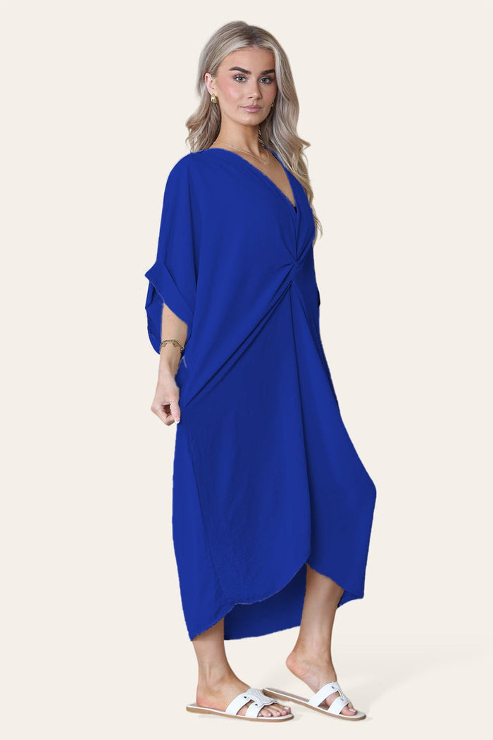 Womens V-Neck Tie Knotted Twisted Front Oversized Longline Midi Dress 🇬🇧