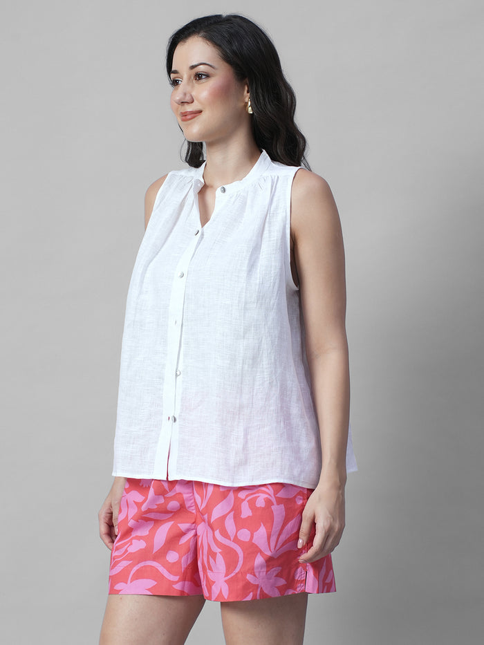 Women's White 100% Linen Regular Fit Blouse