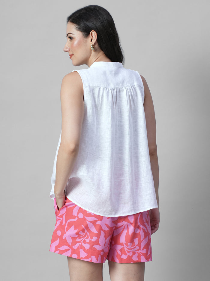 Women's White 100% Linen Regular Fit Blouse