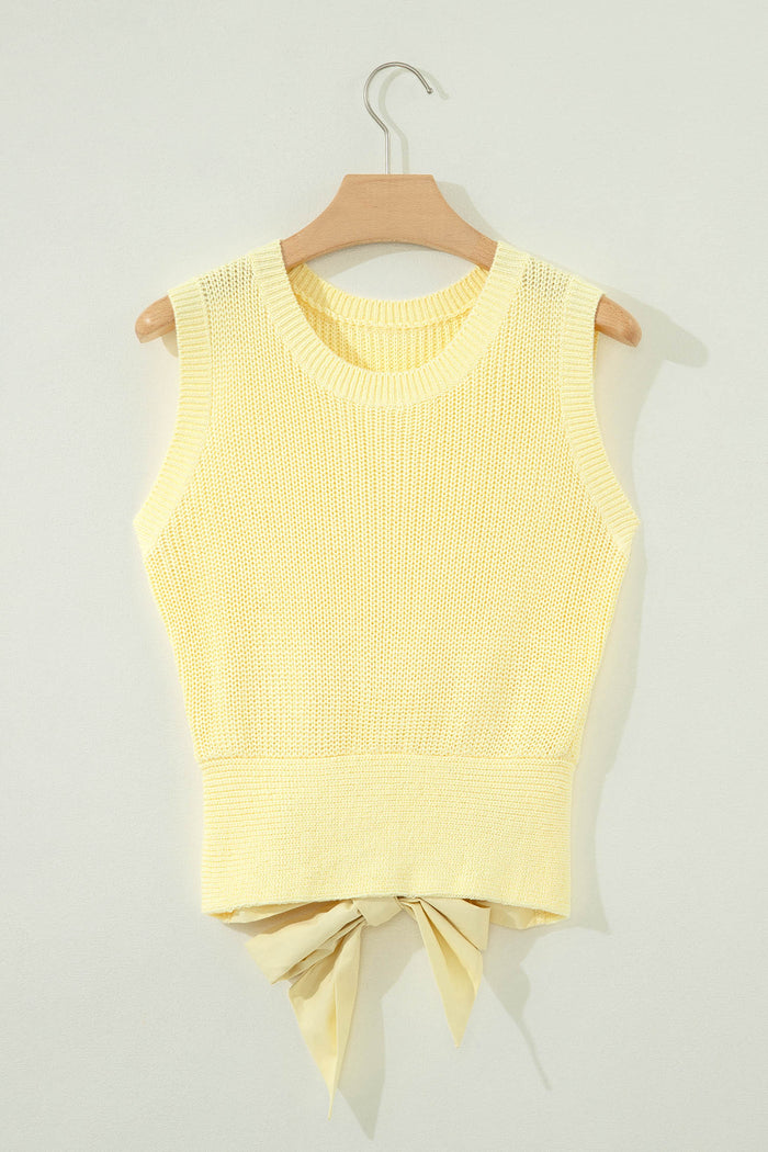 Yellow Cream Solid Color Cropped Knit Knot Back Cutout Sweater Tank 🇺🇸