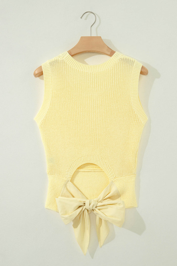 Yellow Cream Solid Color Cropped Knit Knot Back Cutout Sweater Tank 🇺🇸