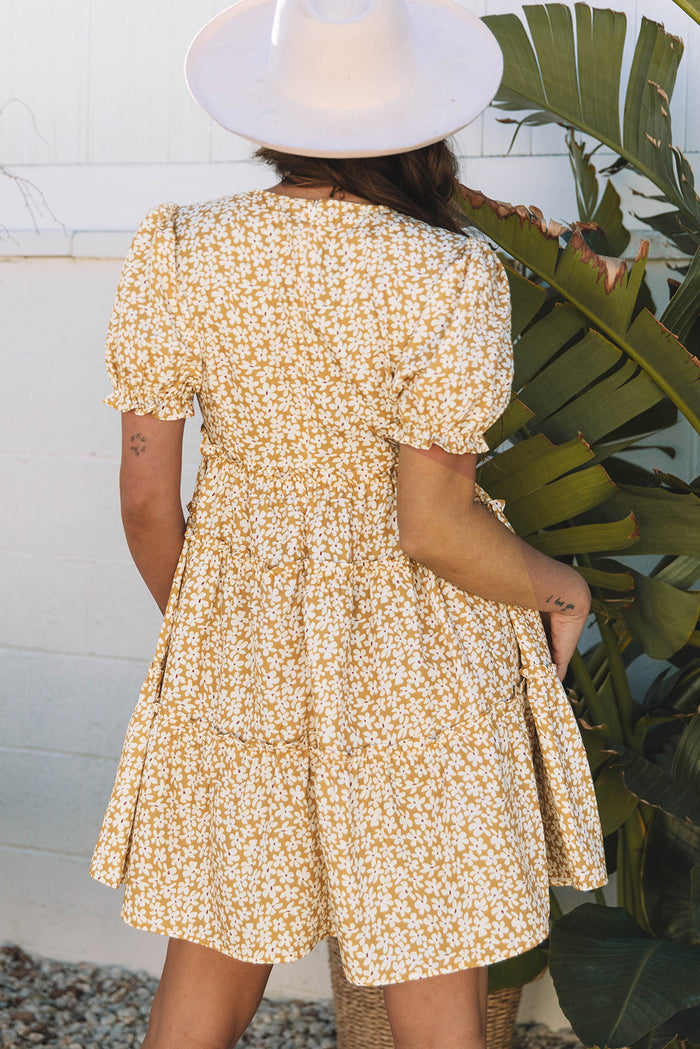 Yellow Floral Short Sleeve V Neck Frilly Tiered Mini Dress 🇺🇸