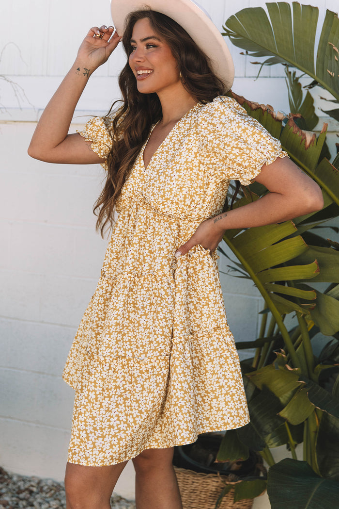 Yellow Floral Short Sleeve V Neck Frilly Tiered Mini Dress 🇺🇸