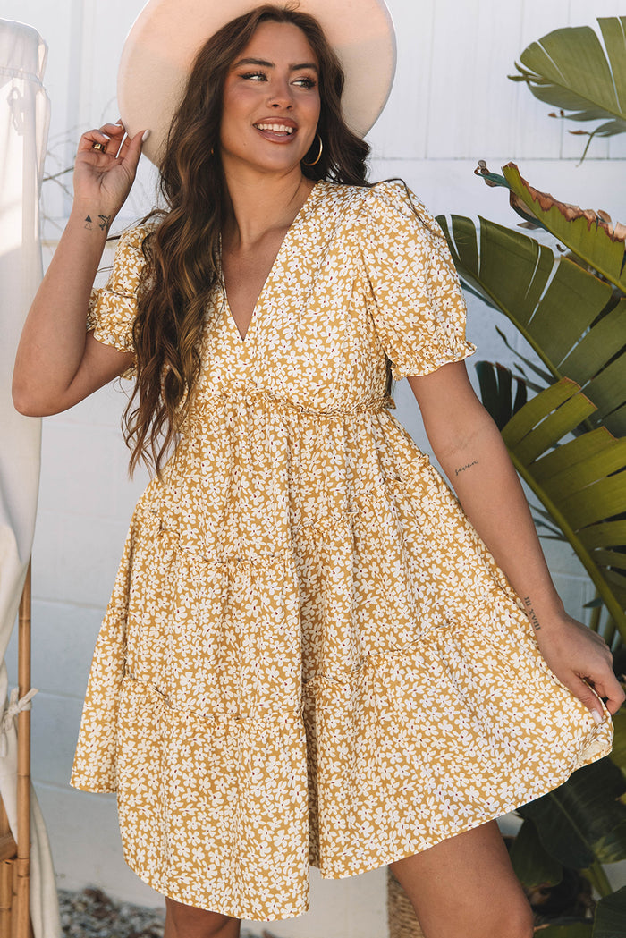 Yellow Floral Short Sleeve V Neck Frilly Tiered Mini Dress 🇺🇸