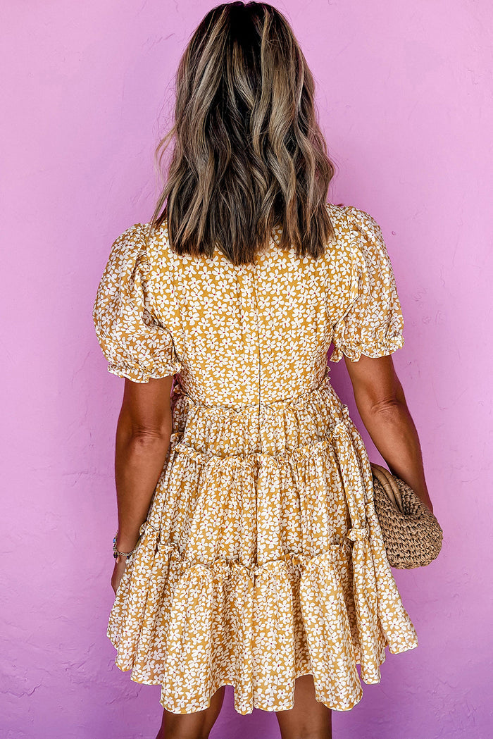 Yellow Floral Short Sleeve V Neck Frilly Tiered Mini Dress 🇺🇸