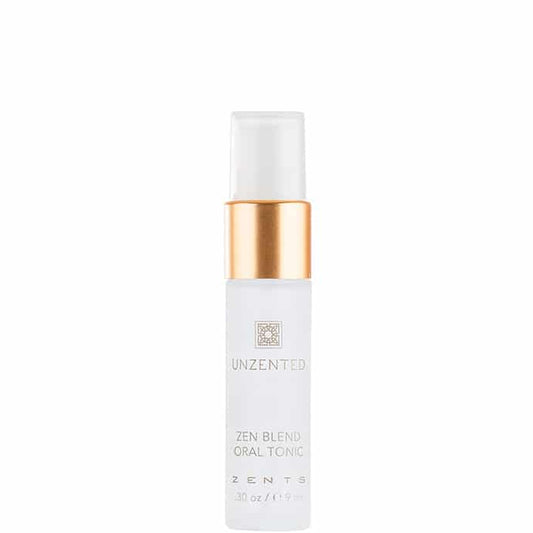 Small clear spray bottle with a gold band labeled Zen Blend Oral Tonic | Zents for wellness and body care supplements.
